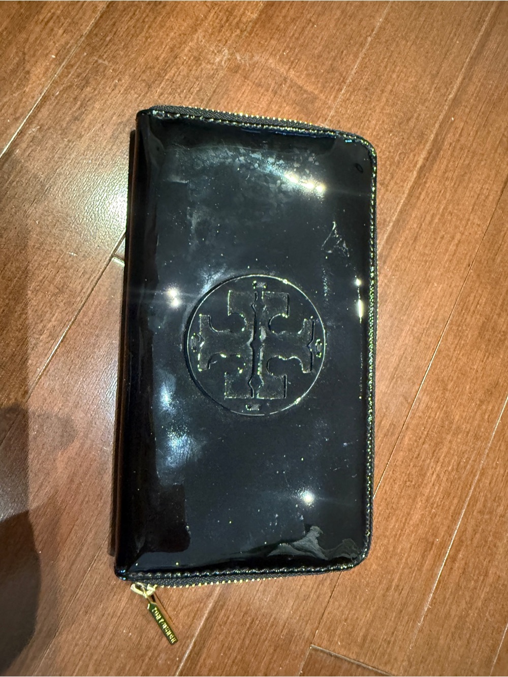 Tory Burch Black Patent Zip-Around Wallet with Logo